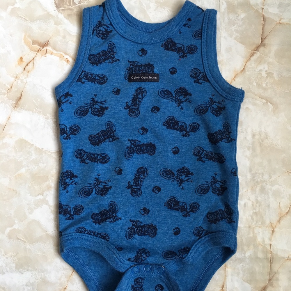 Calvin Klein, tank onesie 3-6mo. Blue motorcycle.
